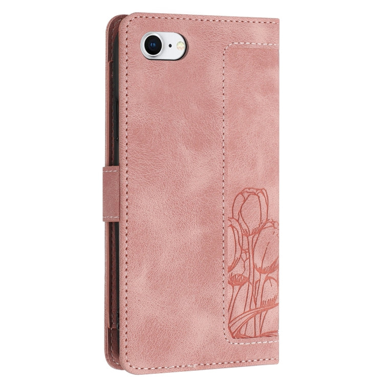 For iPhone 16e Tulips Embossed Leather Phone Case with Lanyard(Pink) by bashfashion