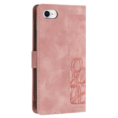 For iPhone 16e Tulips Embossed Leather Phone Case with Lanyard(Pink) by bashfashion