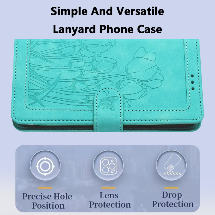 For iPhone 16e Tulips Embossed Leather Phone Case with Lanyard(Green) by bashfashion