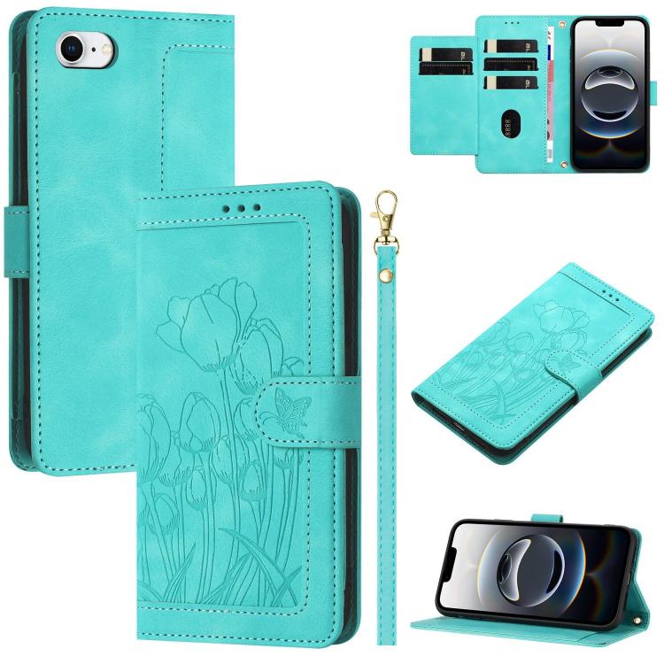 For iPhone 16e Tulips Embossed Leather Phone Case with Lanyard(Green) by bashfashion