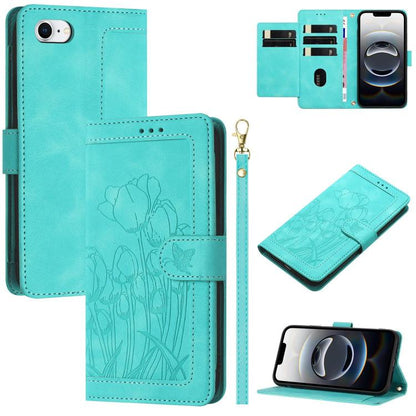 For iPhone 16e Tulips Embossed Leather Phone Case with Lanyard(Green) by bashfashion