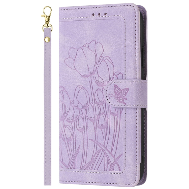 For iPhone 16e Tulips Embossed Leather Phone Case with Lanyard(Purple) by bashfashion