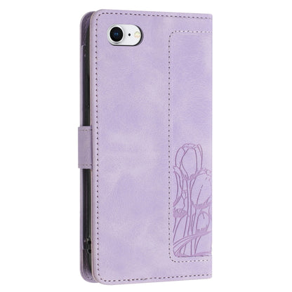 For iPhone 16e Tulips Embossed Leather Phone Case with Lanyard(Purple) by bashfashion