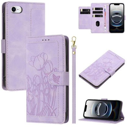 For iPhone 16e Tulips Embossed Leather Phone Case with Lanyard(Purple) by bashfashion