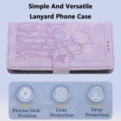 For iPhone 16e Tulips Embossed Leather Phone Case with Lanyard(Purple) by bashfashion