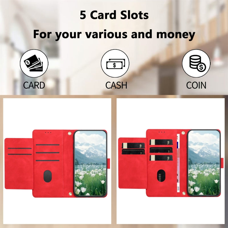 For iPhone 16e Tulips Embossed Leather Phone Case with Lanyard(Red) by bashfashion