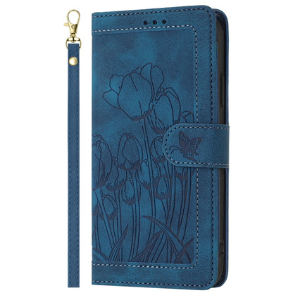 For iPhone 16e Tulips Embossed Leather Phone Case with Lanyard(Blue) by bashfashion