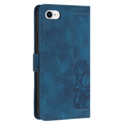 For iPhone 16e Tulips Embossed Leather Phone Case with Lanyard(Blue) by bashfashion