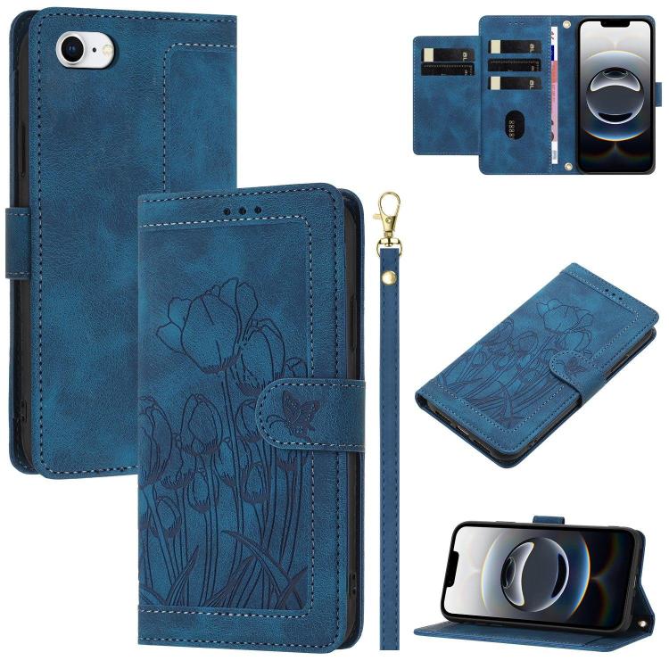 For iPhone 16e Tulips Embossed Leather Phone Case with Lanyard(Blue) by bashfashion