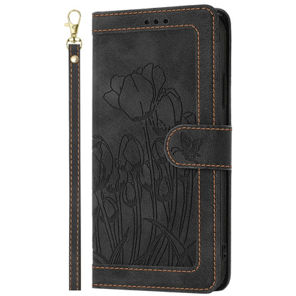 For iPhone 16e Tulips Embossed Leather Phone Case with Lanyard(Black) by bashfashion