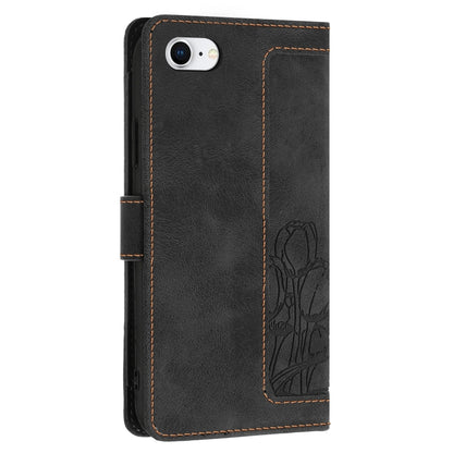 For iPhone 16e Tulips Embossed Leather Phone Case with Lanyard(Black) by bashfashion