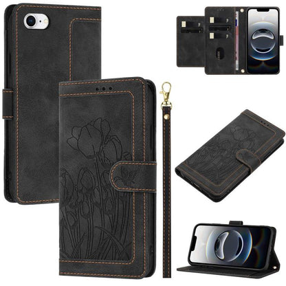 For iPhone 16e Tulips Embossed Leather Phone Case with Lanyard(Black) by bashfashion