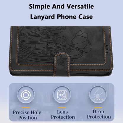 For iPhone 16e Tulips Embossed Leather Phone Case with Lanyard(Black) by bashfashion