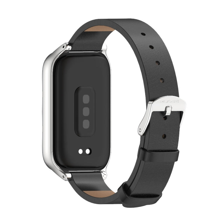 For Xiaomi Smart Band 9 Active / Redmi Band 3 Mijobs Metal Shell Microfiber PU Leather Watch Band(Black Silver) by MIJOBS