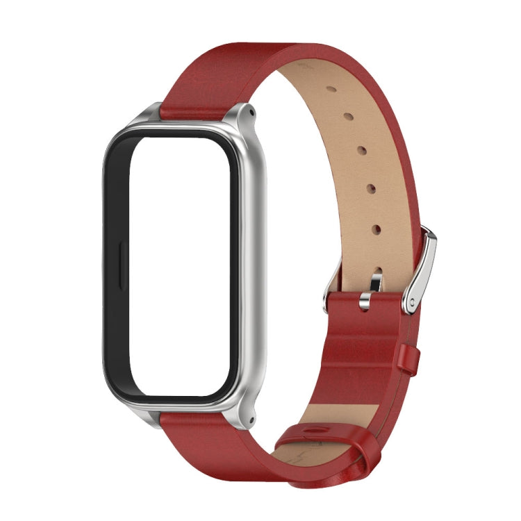 For Xiaomi Smart Band 9 Active / Redmi Band 3 Mijobs Metal Shell Microfiber PU Leather Watch Band(Red Silver) by MIJOBS