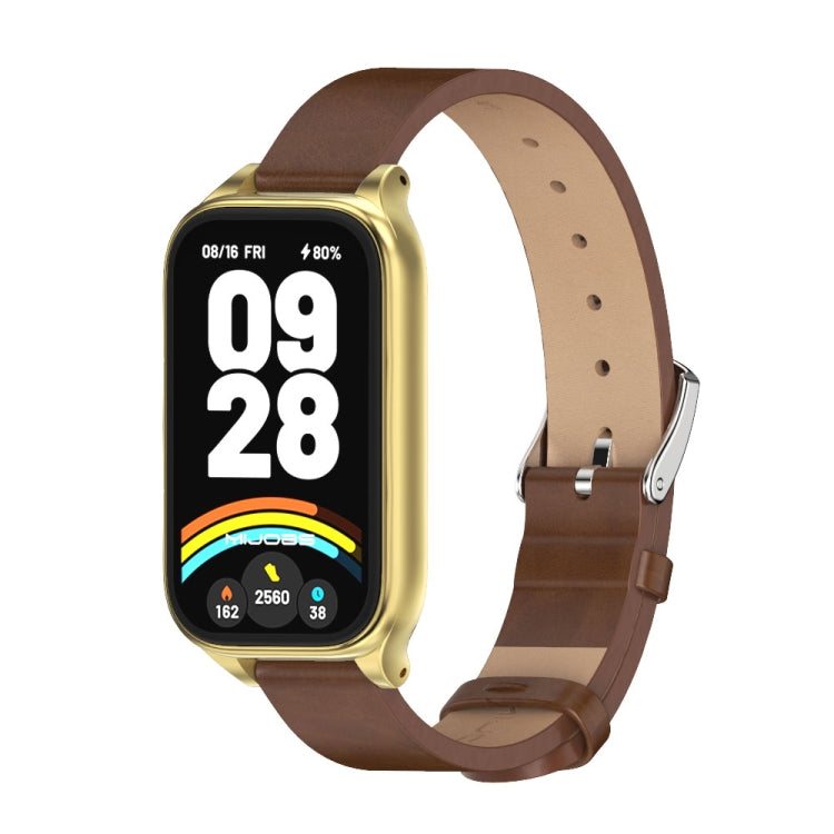 For Xiaomi Smart Band 9 Active / Redmi Band 3 Mijobs Metal Shell Microfiber PU Leather Watch Band(Brown Gold) by MIJOBS