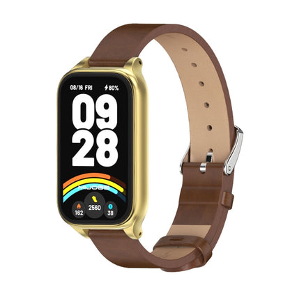 For Xiaomi Smart Band 9 Active / Redmi Band 3 Mijobs Metal Shell Microfiber PU Leather Watch Band(Brown Gold) by MIJOBS