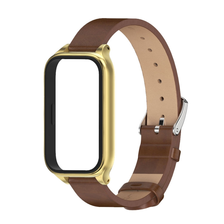 For Xiaomi Smart Band 9 Active / Redmi Band 3 Mijobs Metal Shell Microfiber PU Leather Watch Band(Brown Gold) by MIJOBS