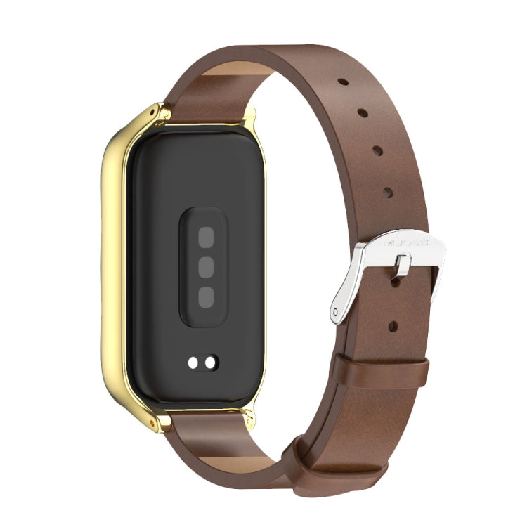 For Xiaomi Smart Band 9 Active / Redmi Band 3 Mijobs Metal Shell Microfiber PU Leather Watch Band(Brown Gold) by MIJOBS