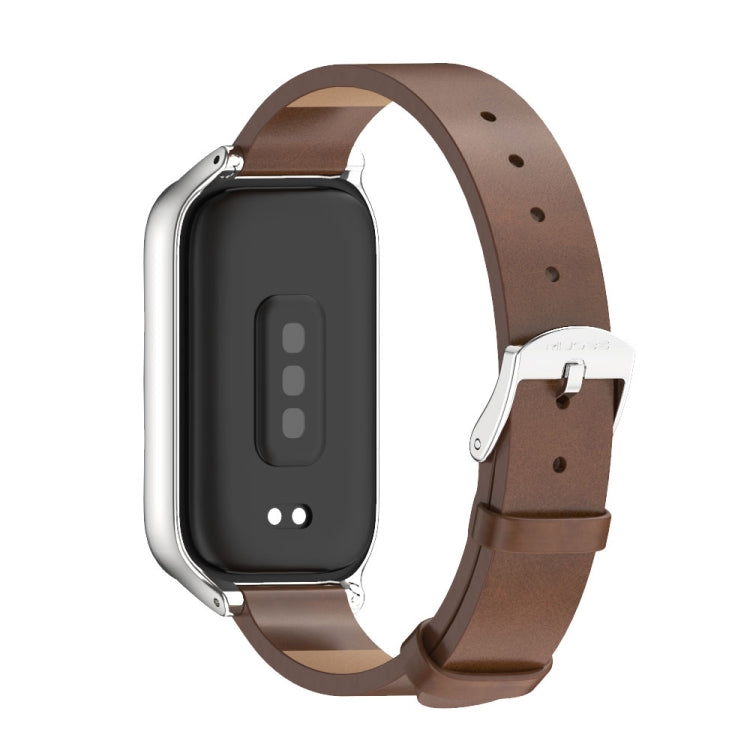 For Xiaomi Smart Band 9 Active / Redmi Band 3 Mijobs Metal Shell Microfiber PU Leather Watch Band(Brown Silver) by MIJOBS