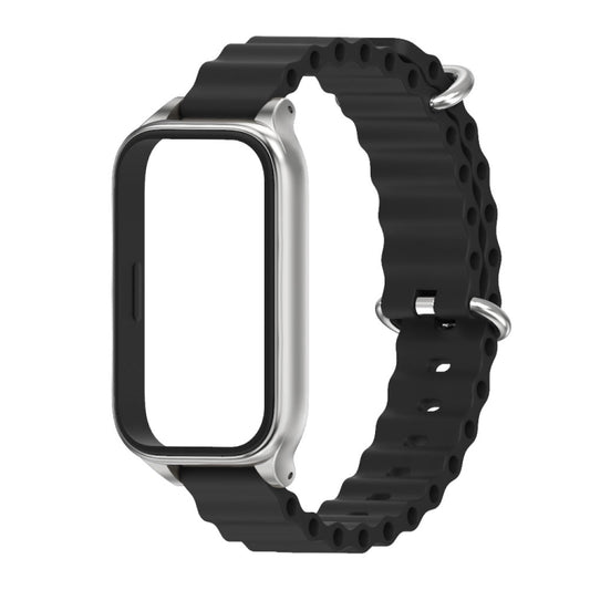 For Xiaomi Smart Band 9 Active / Redmi Band 3 Mijobs Metal Shell Marine Silicone Watch Band(Black Silver) by MIJOBS