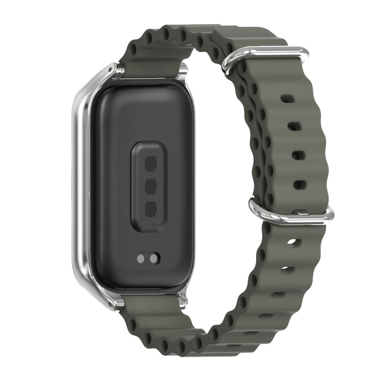 For Xiaomi Smart Band 9 Active / Redmi Band 3 Mijobs Metal Shell Marine Silicone Watch Band(khaki Grey Silver) by MIJOBS