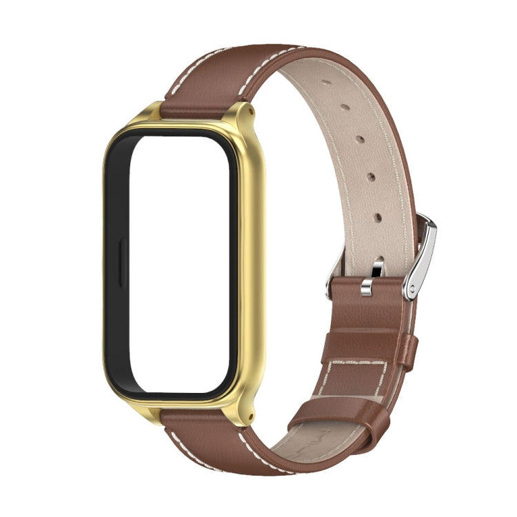For Xiaomi Smart Band 9 Active / Redmi Band 3 Mijobs Metal Shell Genuine Leather Watch Band(Brown Gold) by MIJOBS