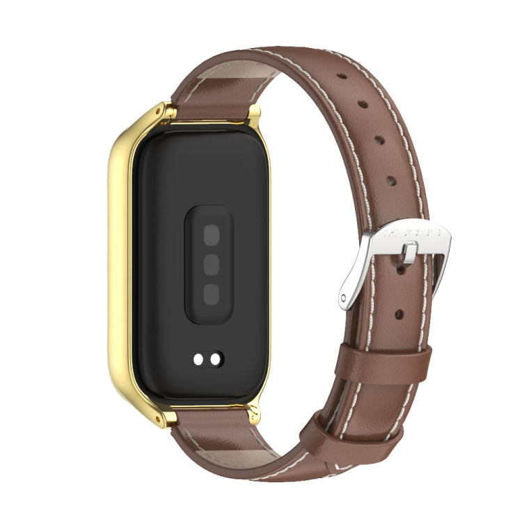 For Xiaomi Smart Band 9 Active / Redmi Band 3 Mijobs Metal Shell Genuine Leather Watch Band(Brown Gold) by MIJOBS