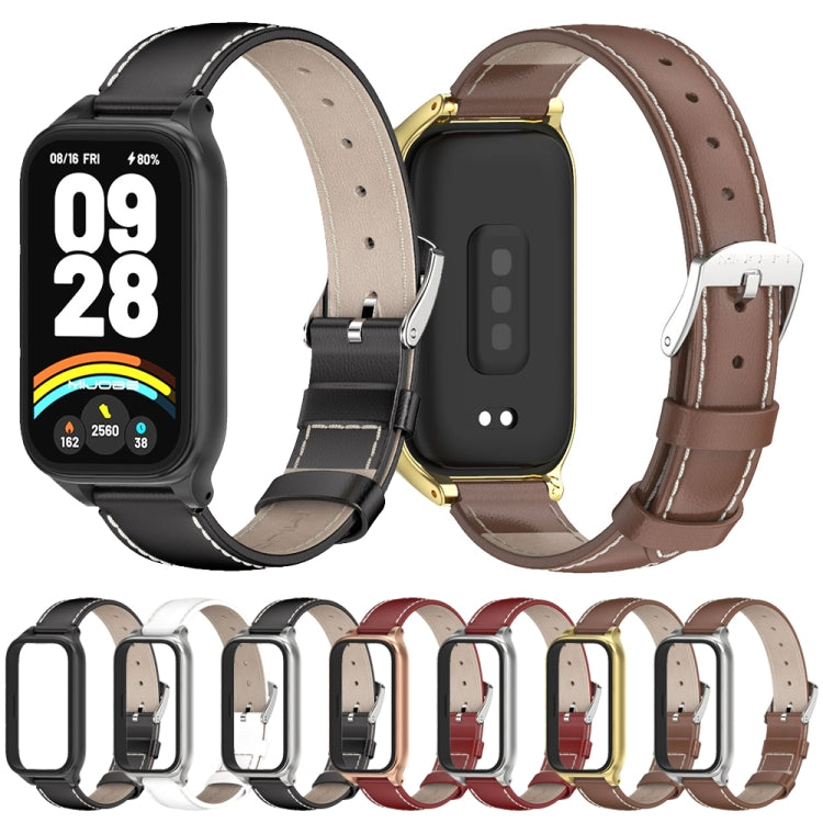 For Xiaomi Smart Band 9 Active / Redmi Band 3 Mijobs Metal Shell Genuine Leather Watch Band(Brown Gold) by MIJOBS