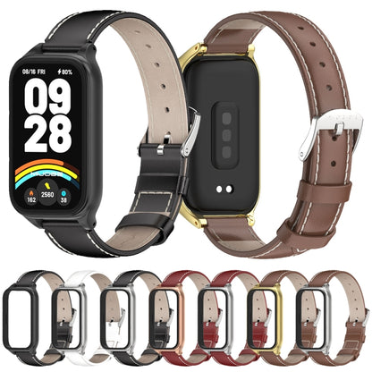 For Xiaomi Smart Band 9 Active / Redmi Band 3 Mijobs Metal Shell Genuine Leather Watch Band(Brown Gold) by MIJOBS
