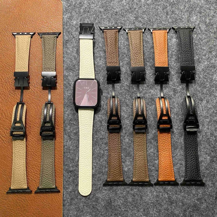 For Apple Watch 42mm / 41mm / 40mm / 38mm Magnetic Parachute Buckle Litchi Genuine Leather Watch Band(Black) by bashfashion
