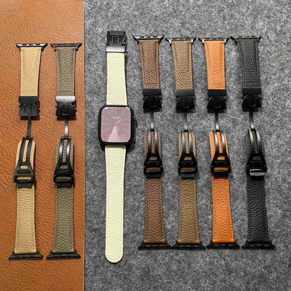 For Apple Watch 42mm / 41mm / 40mm / 38mm Magnetic Parachute Buckle Litchi Genuine Leather Watch Band(Black) by bashfashion