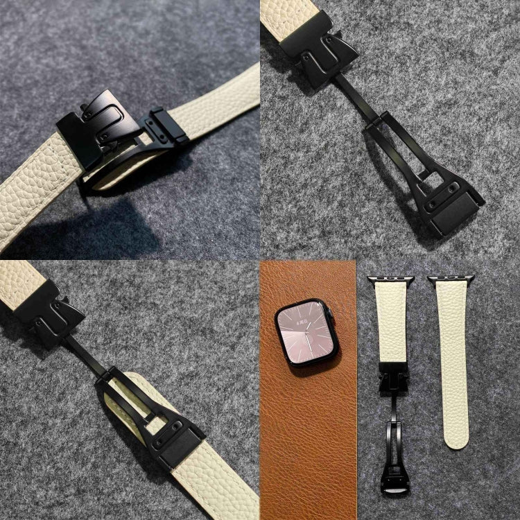 For Apple Watch 46mm / 49mm / 45mm / 44mm Magnetic Parachute Buckle Litchi Genuine Leather Watch Band(Black) by bashfashion