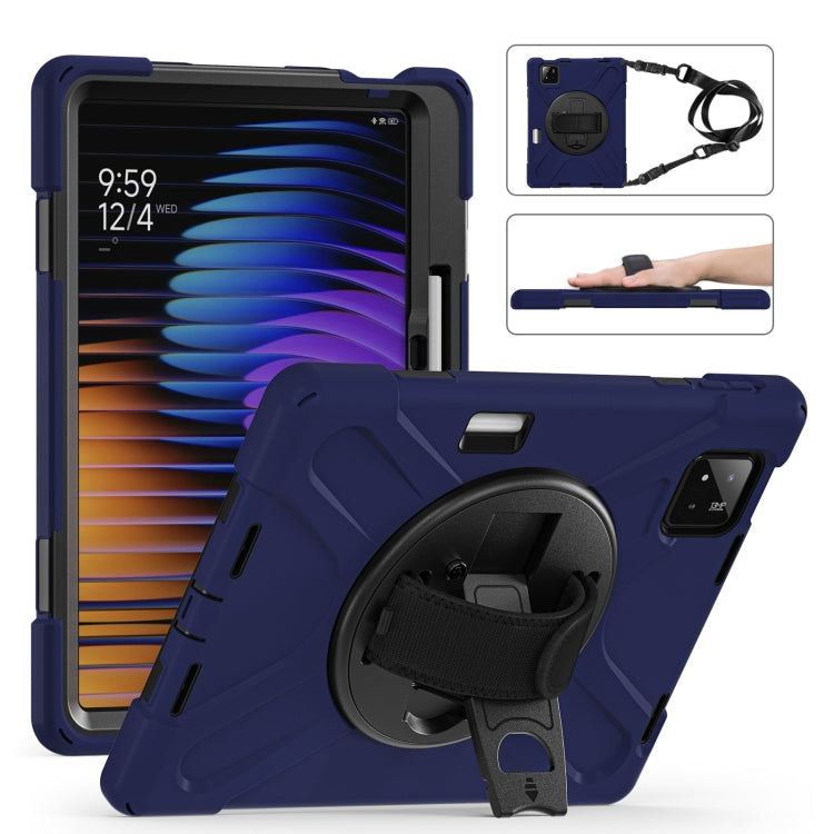 For Xiaomi Pad 7 / 7 Pro Rotatable Holder Silicone Hybrid PC Tablet Case with Shoulder Strap(Navy Blue) by bashfashion