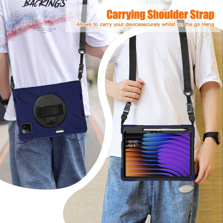 For Xiaomi Pad 7 / 7 Pro Rotatable Holder Silicone Hybrid PC Tablet Case with Shoulder Strap(Navy Blue) by bashfashion