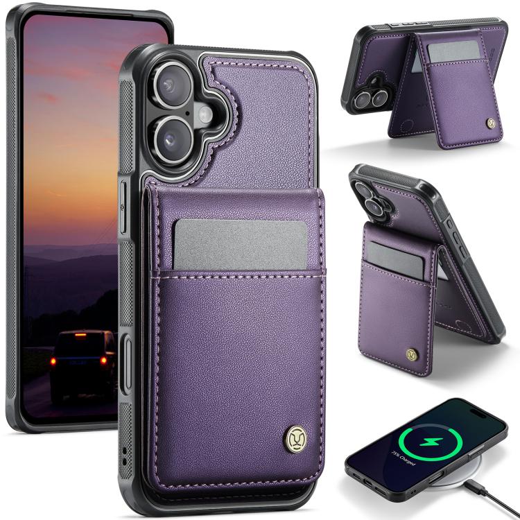 For iPhone 16 Plus JEEHOOD J06 British Style RFID MagSafe Card Bag PU Phone Case(Purple) by JEEHOOD
