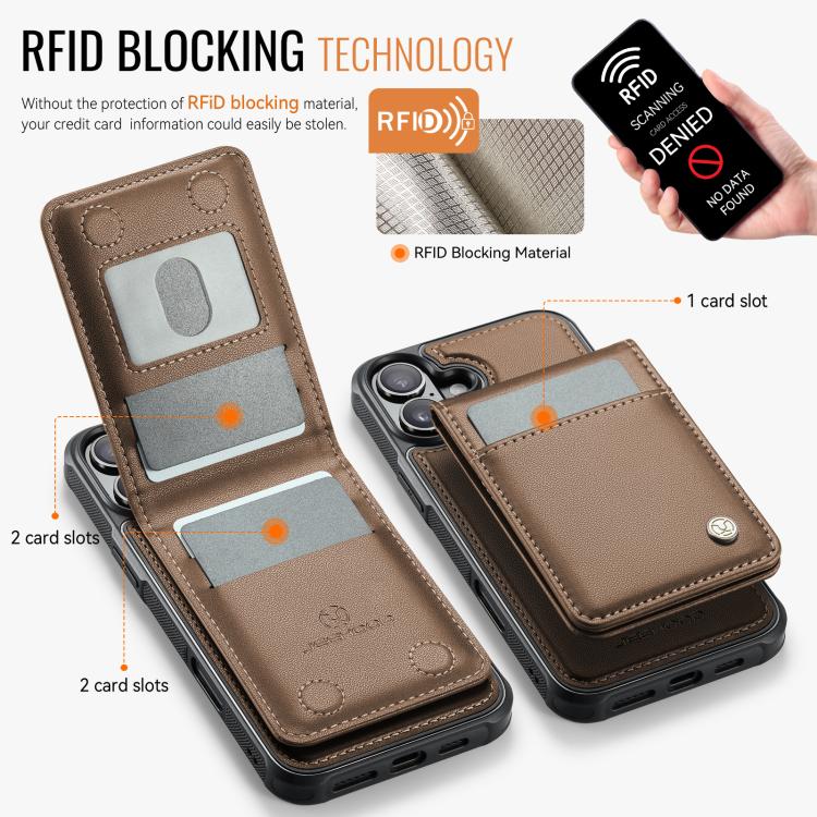 For iPhone 16 Plus JEEHOOD J06 British Style RFID MagSafe Card Bag PU Phone Case(Brown) by JEEHOOD