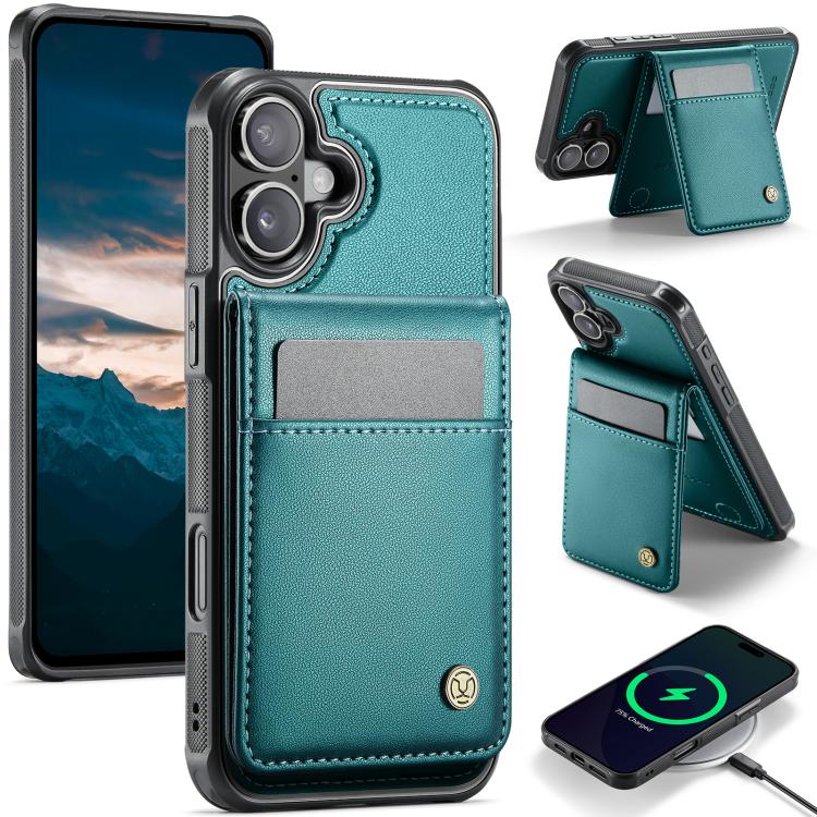 For iPhone 16 Plus JEEHOOD J06 British Style RFID MagSafe Card Bag PU Phone Case(Green) by JEEHOOD