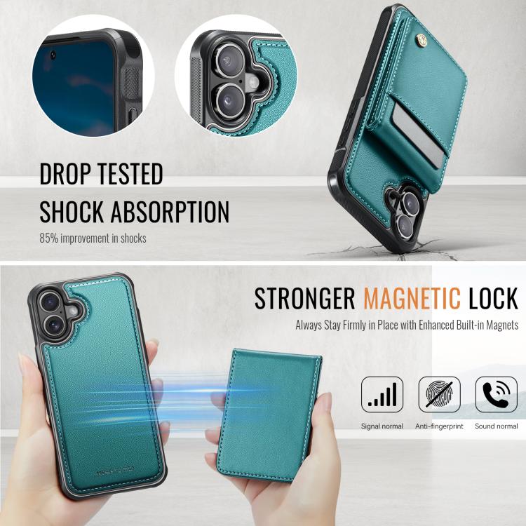 For iPhone 16 Plus JEEHOOD J06 British Style RFID MagSafe Card Bag PU Phone Case(Green) by JEEHOOD