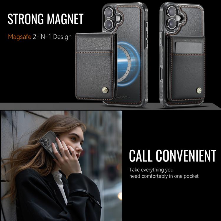 For iPhone 16 Plus JEEHOOD J06 British Style RFID MagSafe Card Bag PU Phone Case(Black) by JEEHOOD