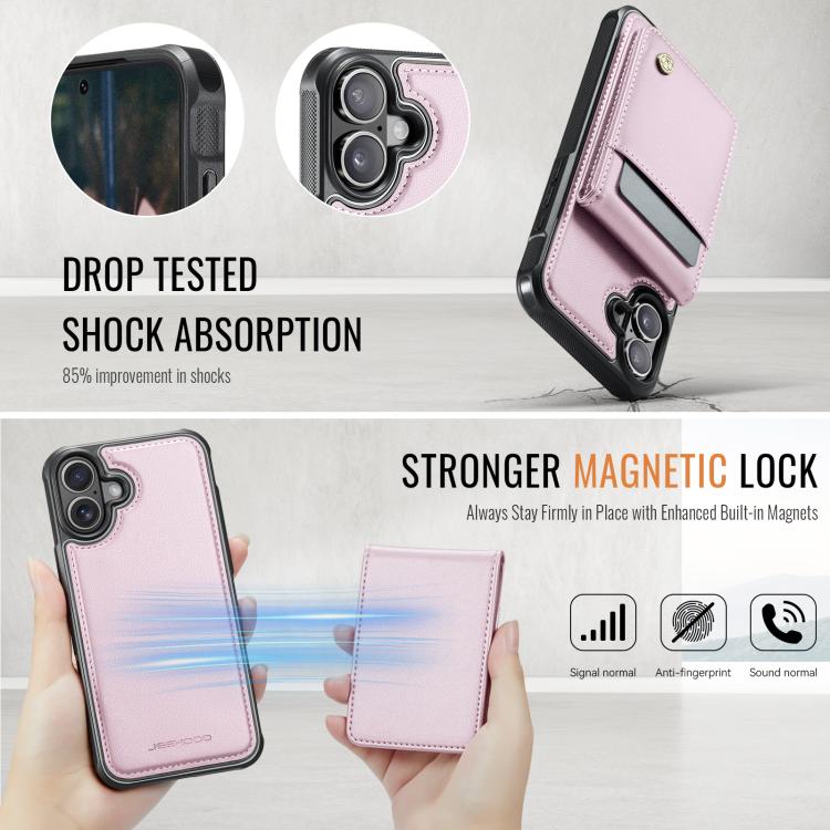 For iPhone 16 Plus JEEHOOD J06 British Style RFID MagSafe Card Bag PU Phone Case(Pink) by JEEHOOD