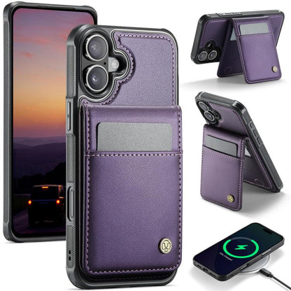 For iPhone 16 JEEHOOD J06 British Style RFID MagSafe Card Bag PU Phone Case(Purple) by JEEHOOD