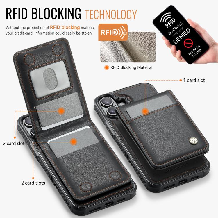 For iPhone 16 JEEHOOD J06 British Style RFID MagSafe Card Bag PU Phone Case(Black) by JEEHOOD