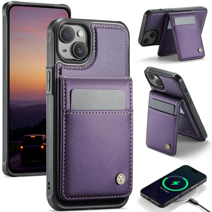 For iPhone 15 Plus JEEHOOD J06 British Style RFID MagSafe Card Bag PU Phone Case(Purple) by JEEHOOD