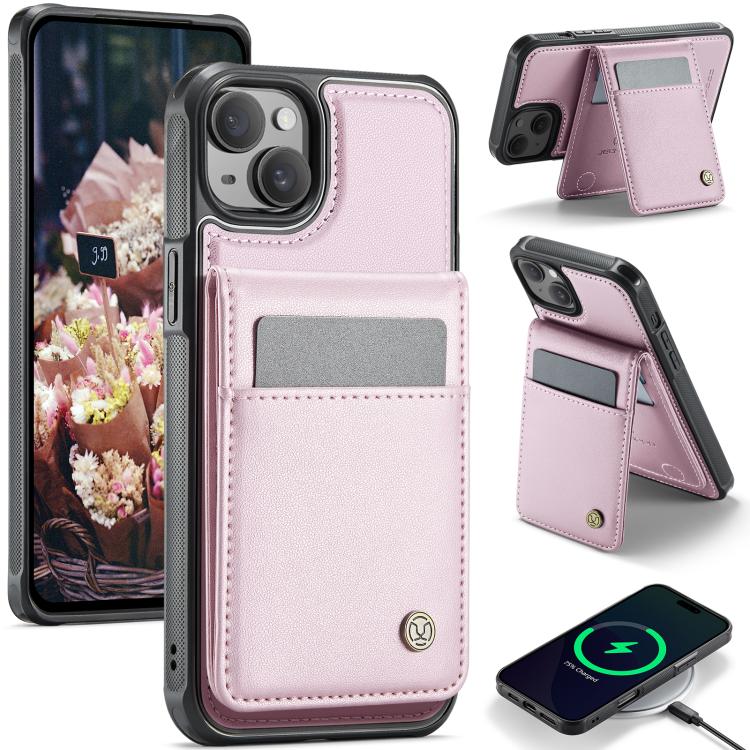 For iPhone 15 Plus JEEHOOD J06 British Style RFID MagSafe Card Bag PU Phone Case(Pink) by JEEHOOD