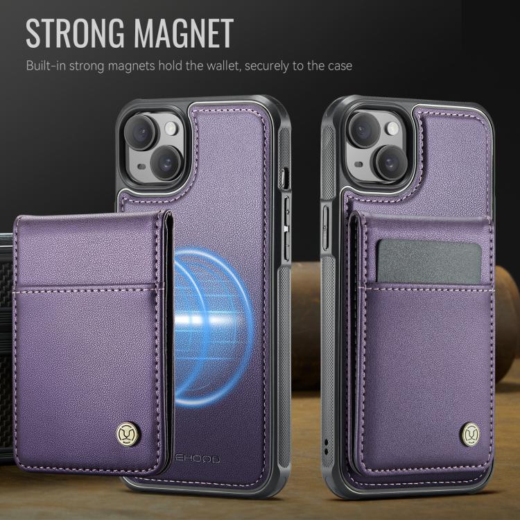 For iPhone 14 Plus JEEHOOD J06 British Style RFID MagSafe Card Bag PU Phone Case(Purple) by JEEHOOD
