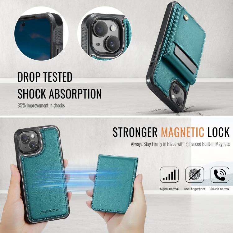 For iPhone 14 JEEHOOD J06 British Style RFID MagSafe Card Bag PU Phone Case(Green) by JEEHOOD
