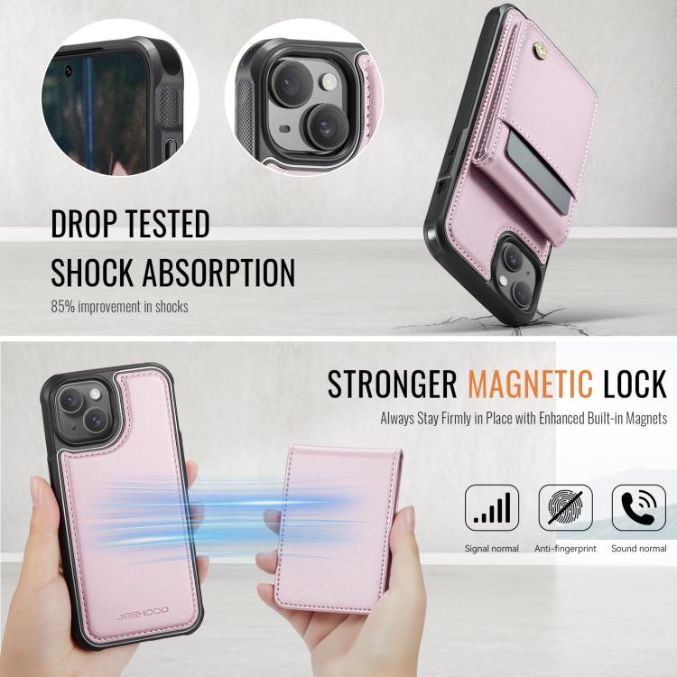 For iPhone 14 JEEHOOD J06 British Style RFID MagSafe Card Bag PU Phone Case(Pink) by JEEHOOD