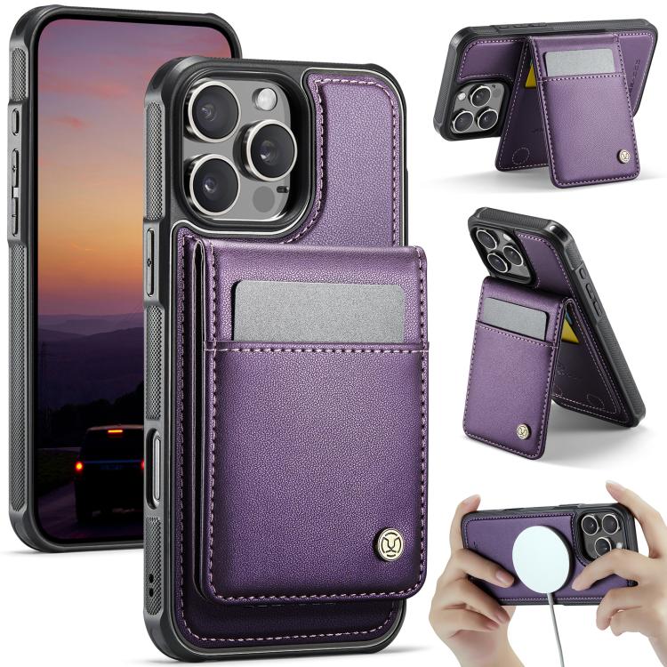For iPhone 15 Pro JEEHOOD J06 British Style RFID MagSafe Card Bag PU Phone Case(Purple) by JEEHOOD