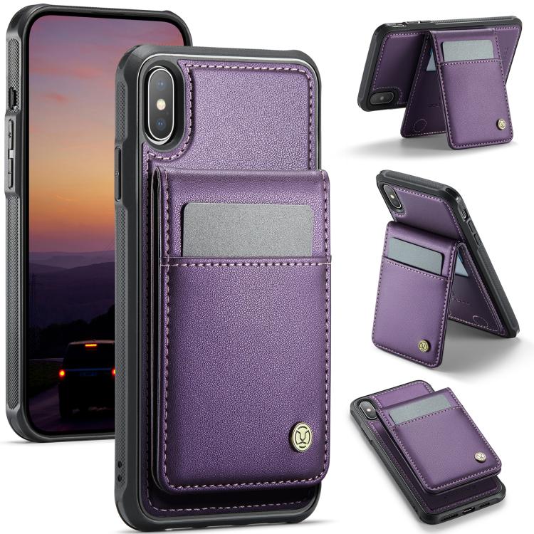 For iPhone X / XS JEEHOOD J06 British Style RFID MagSafe Card Bag PU Phone Case(Purple) by JEEHOOD